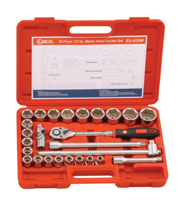 جعبه بکس 26 پارچه جنیوس GENIUS مدل Genius Tools 26 Piece 1/2" Dr. Metric Hand Socket Set - EU-426MEU-426M