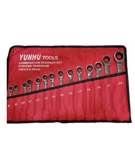 ست آچار14 عددی یکسر تخت یکسر رینگ جغجغه ای 8تا24 یونهو تولز YUNHU TOOLS