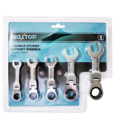 ست آچار کوتاه 5 عددی یکسر تخت و رینگ جغجغه ای سرتاشو لولایی مفصلی مکس تاپ MAXTOP (پک آبی)