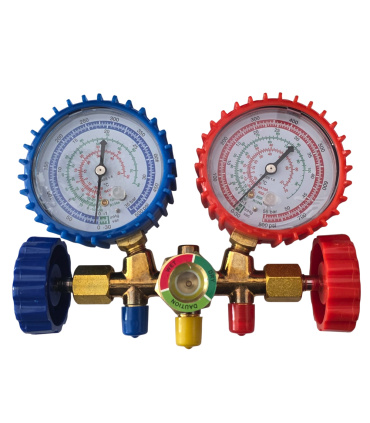 گیج شارژ گاز کولر MANIFOLD سه شیلنگ خودرویی ، صنعتی جعبه زرد