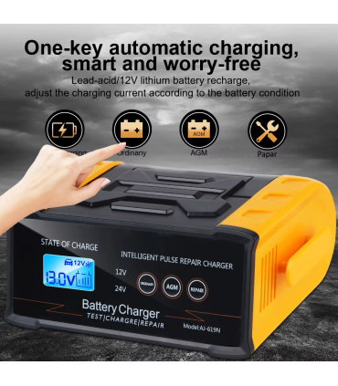 شارژر باتری / باطری فوق هوشمند 12-24 ولت سواری و کامیون مجهز به میکروکامپیوتر توان های‌پاور300w کاوک KAVUK مدل AJ-619N نارنجی