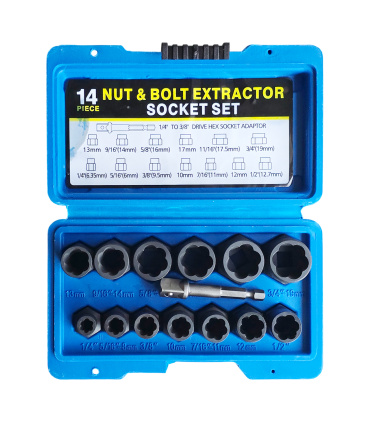 جعبه بکس حلزونی 14پارچه مخصوص پیچ و مهره سرگرد و هرز شده فشارقوی بهمراه سر دریلی 3/8 مکسین MAXIN مدل MX14 جنس CR-MO