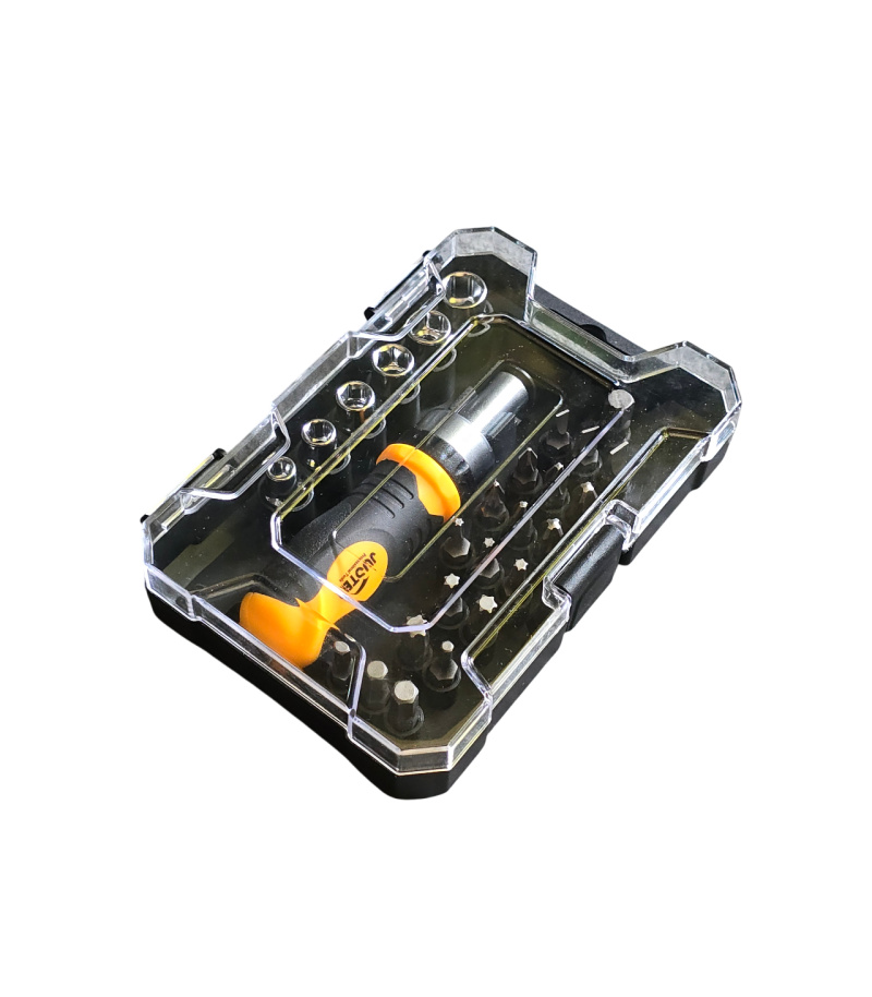 جعبه بیت و بکس 27 عددی با پیچ گوشتی جغجغه ای بیت خور 1/4 اینچ جاستر JUSTER مدل TS0227