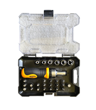 جعبه بیت و بکس 27 عددی با پیچ گوشتی جغجغه ای بیت خور 1/4 اینچ جاستر JUSTER مدل TS0227