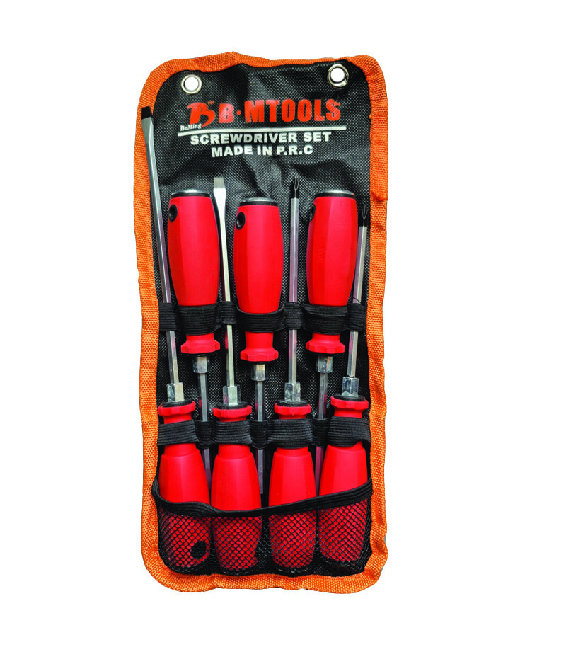 ست 7 عددی پیچ گوشتی ضربه خور و آچار خور بی ام تولز B.M TOOLS کیف برزنتی دسته TPR قرمز