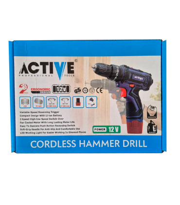 دریل پیچ گوشتی شارژی 12 ولت گیربکس دو سرعته چکشی اکتیو ACTIVE مدل AC-3222 با گارانتی 18 ماهه