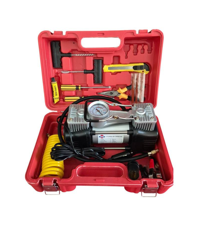کمپرسور باد فندکی دو سیلندر با لوازم توربو TURBO با کیف BMC مدل عقربه ای