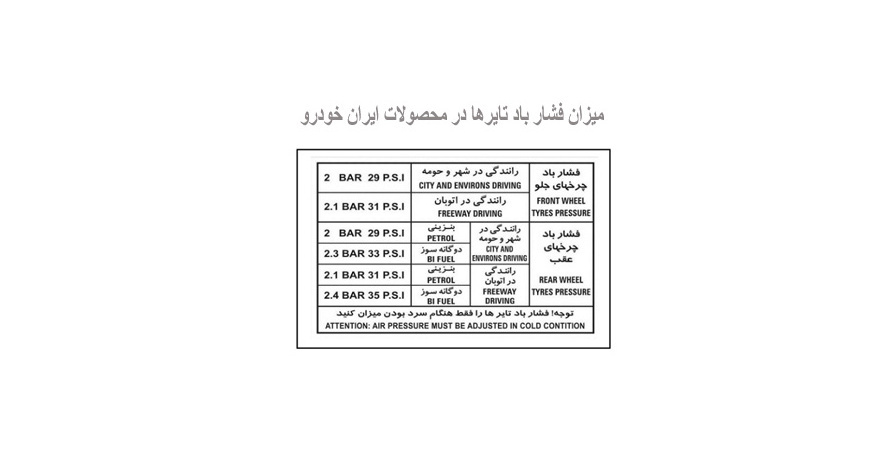 میزان فشار باد تایرها در محصولات ایران خودرو